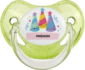 Birthday party style 3 + prénom : Sucette Vert à paillette embout physiologique