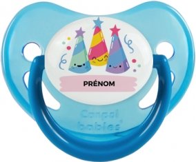 Birthday party style 3 + prénom : Sucette Bleue phosphorescente embout physiologique