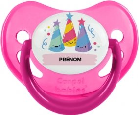 Birthday party style 3 + prénom : Sucette Rose phosphorescente embout physiologique