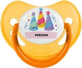 Birthday party style 3 + prénom : Sucette Jaune phosphorescente embout physiologique