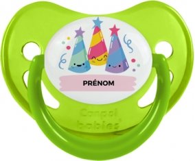 Birthday party style 3 + prénom : Sucette Vert phosphorescente embout physiologique