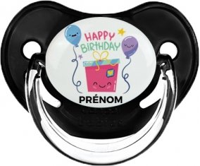 Happy birthday style 4 + prénom : Sucette Noir classique embout physiologique