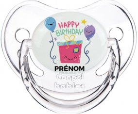 Happy birthday style 4 + prénom : Sucette Transparent classique embout physiologique