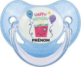 Happy birthday style 4 + prénom : Sucette Bleue à paillette embout physiologique