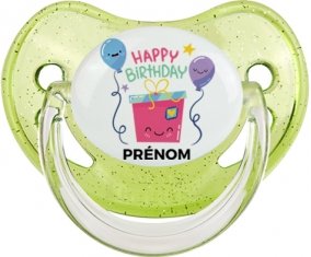 Happy birthday style 4 + prénom : Sucette Vert à paillette embout physiologique