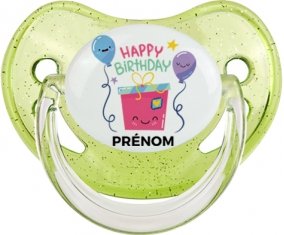 Happy birthday style 4 + prénom : Sucette Vert à paillette embout physiologique