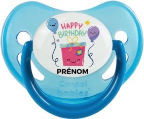 Happy birthday style 4 + prénom : Sucette Bleue phosphorescente embout physiologique