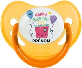 Happy birthday style 4 + prénom : Sucette Jaune phosphorescente embout physiologique