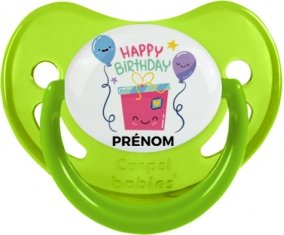 Happy birthday style 4 + prénom : Sucette Vert phosphorescente embout physiologique