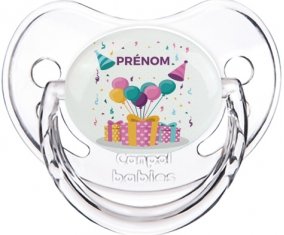 Happy birthday style 5 + prénom : Sucette Transparent classique embout physiologique