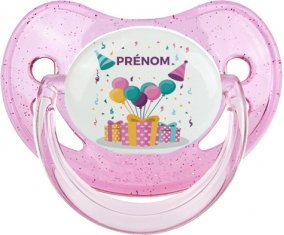 Happy birthday style 5 + prénom : Sucette Rose à paillette embout physiologique