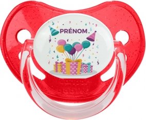 Happy birthday style 5 + prénom : Sucette Rouge à paillette embout physiologique