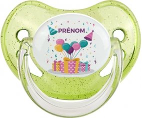 Happy birthday style 5 + prénom : Sucette Vert à paillette embout physiologique