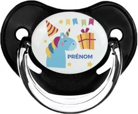 Licorne anniversaire + prénom : Sucette Noir classique embout physiologique