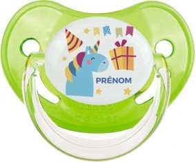 Licorne anniversaire + prénom : Sucette Vert classique embout physiologique