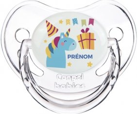 Licorne anniversaire + prénom : Sucette Transparent classique embout physiologique