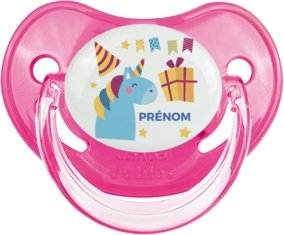 Licorne anniversaire + prénom : Sucette Rose classique embout physiologique