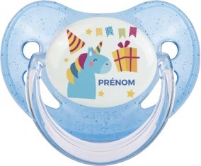 Licorne anniversaire + prénom : Sucette Bleue à paillette embout physiologique