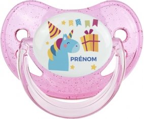 Licorne anniversaire + prénom : Sucette Rose à paillette embout physiologique