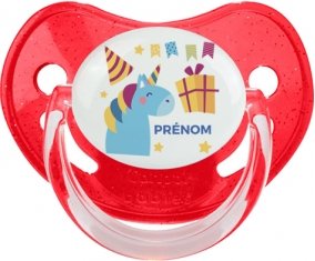 Licorne anniversaire + prénom : Sucette Rouge à paillette embout physiologique