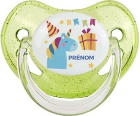 Licorne anniversaire + prénom : Sucette Vert à paillette embout physiologique
