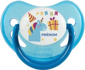 Licorne anniversaire + prénom : Sucette Bleue phosphorescente embout physiologique