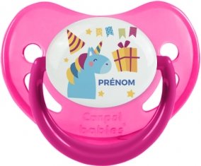 Licorne anniversaire + prénom : Sucette Rose phosphorescente embout physiologique