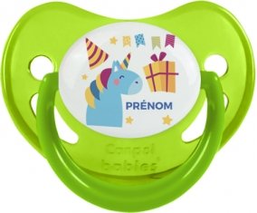Licorne anniversaire + prénom : Sucette Vert phosphorescente embout physiologique