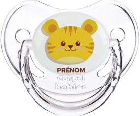 Tigre style 3 + prénom : Sucette Transparent classique embout physiologique