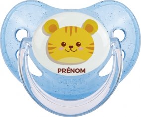 Tigre style 3 + prénom : Sucette Bleue à paillette embout physiologique