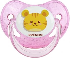 Tigre style 3 + prénom : Sucette Rose à paillette embout physiologique