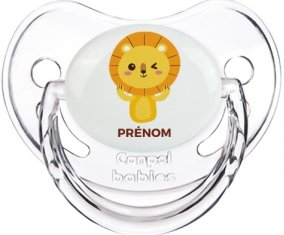 Lion style 4 + prénom : Sucette Transparent classique embout physiologique
