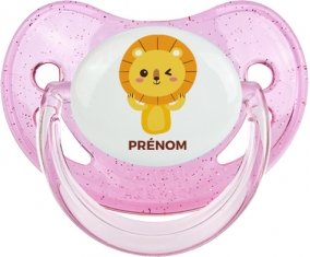 Lion style 4 + prénom : Sucette Rose à paillette embout physiologique