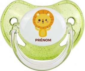 Lion style 4 + prénom : Sucette Vert à paillette embout physiologique