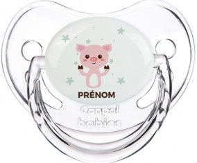 Cochon + prénom : Sucette Transparent classique embout physiologique