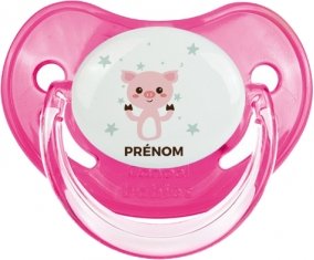 Cochon + prénom : Sucette Rose classique embout physiologique