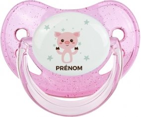 Cochon + prénom : Sucette Rose à paillette embout physiologique