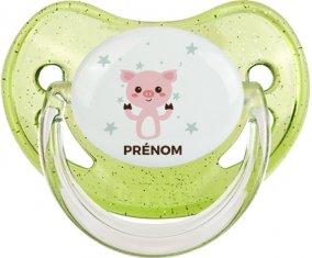 Cochon + prénom : Sucette Vert à paillette embout physiologique
