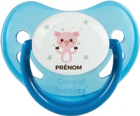 Cochon + prénom : Sucette Bleue phosphorescente embout physiologique