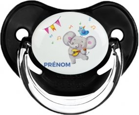 Éléphant party + prénom : Sucette Noir classique embout physiologique