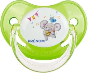 Éléphant party + prénom : Sucette Vert classique embout physiologique