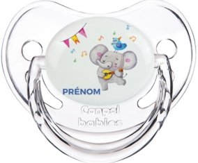 Éléphant party + prénom : Sucette Transparent classique embout physiologique