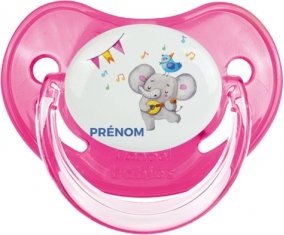 Éléphant party + prénom : Sucette Rose classique embout physiologique