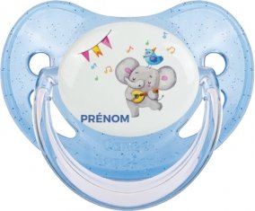 Éléphant party + prénom : Sucette Bleue à paillette embout physiologique