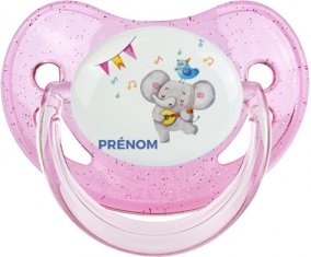 Éléphant party + prénom : Sucette Rose à paillette embout physiologique