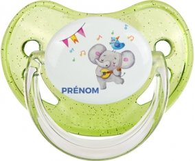 Éléphant party + prénom : Sucette Vert à paillette embout physiologique