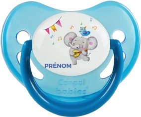 Éléphant party + prénom : Sucette Bleue phosphorescente embout physiologique