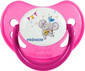 Éléphant party + prénom : Sucette Rose phosphorescente embout physiologique