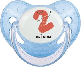 Deux ans anniversaire style 2 + prénom : Sucette Bleue à paillette embout physiologique