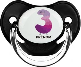 Trois ans anniversaire style 2 + prénom : Sucette Noir classique embout physiologique
